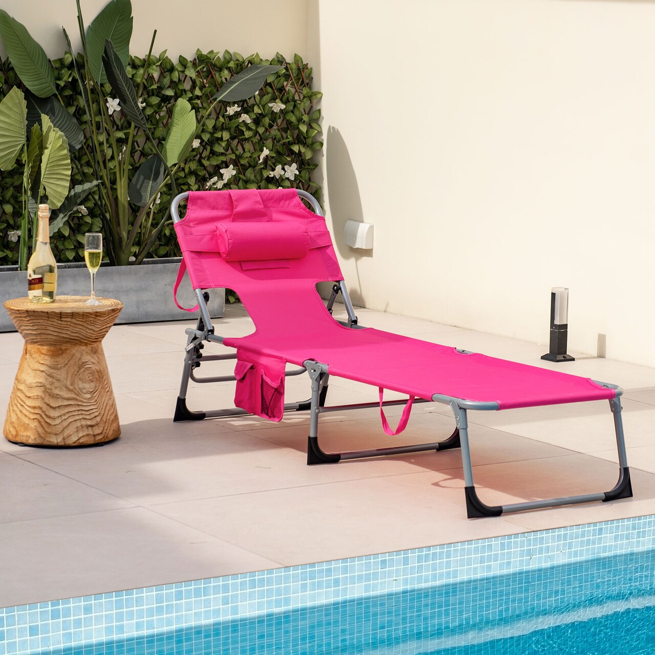 Multi-Position Foldable Beach Recliner Backrest Chair with Pillow and Face Down Hole for Yard and Sunbathing
